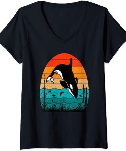 Womens Orca Whales Sharks Ocean Diving Sea Animals V-Neck T-Shirt