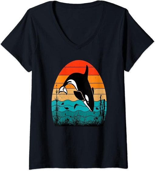 Womens Orca Whales Sharks Ocean Diving Sea Animals V-Neck T-Shirt