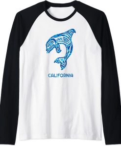 Blue Water California PNW Native Fisherman Orca Killer Whale Raglan Baseball Tee