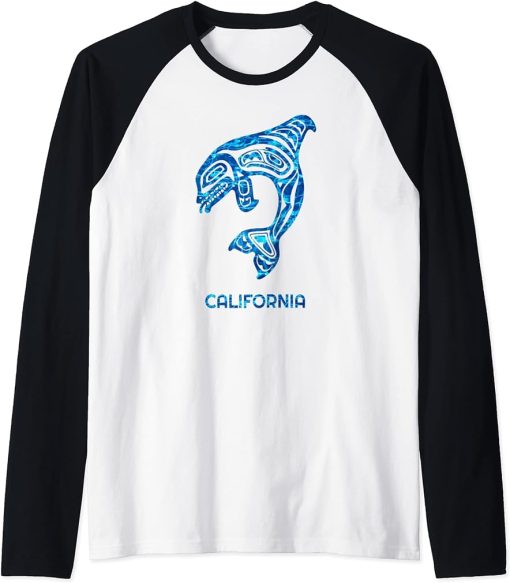 Blue Water California PNW Native Fisherman Orca Killer Whale Raglan Baseball Tee