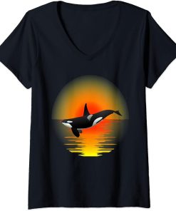 Womens Funny Orca Whale Ocean Sea Retro Vintage Sunset Animal V-Neck T-Shirt