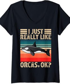 Womens Vintage Orca Killer Whale Lover I Just Really Like Orcas Ok V-Neck T-Shirt