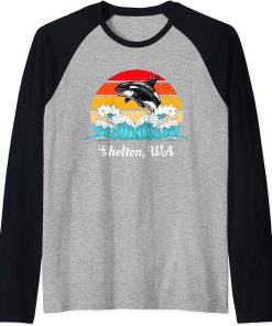 Vintage Shelton WA Distressed Orca Killer Whale Art Raglan Baseball Tee