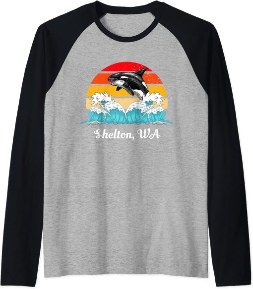 Vintage Shelton WA Distressed Orca Killer Whale Art Raglan Baseball Tee