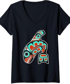 Womens Native American Totem Tribal - Orca Whale Haida Art V-Neck T-Shirt