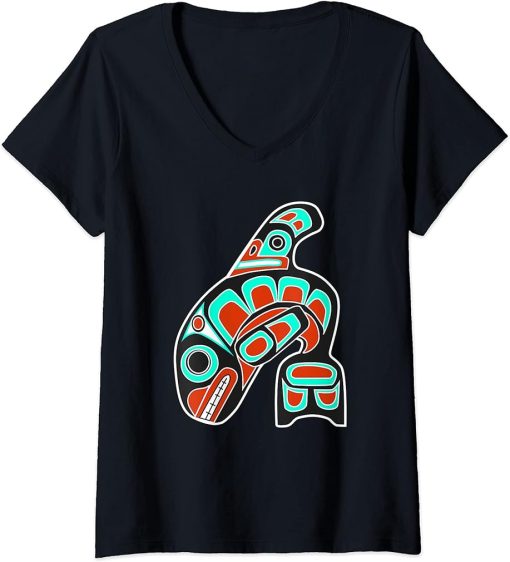 Womens Native American Totem Tribal - Orca Whale Haida Art V-Neck T-Shirt